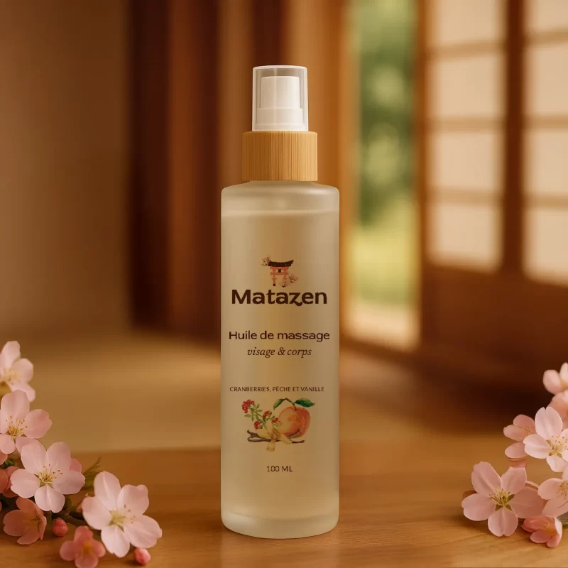 Huile de Massage Cranberries, Pêche & Vanille – visage et corps – 100mL